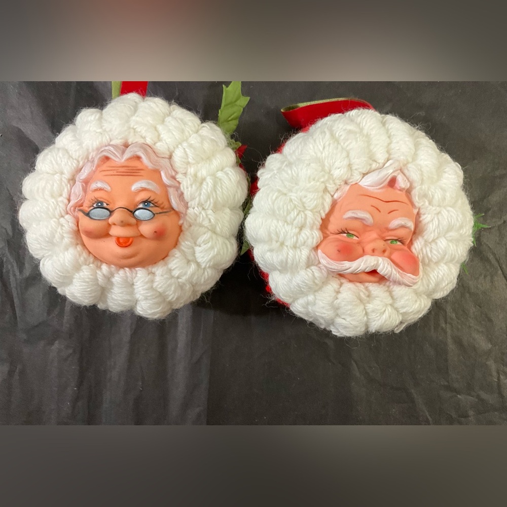 Vintage Set of 2 Handmade Santa and Mrs Claus Yarn Ornaments with Plastic Faces
